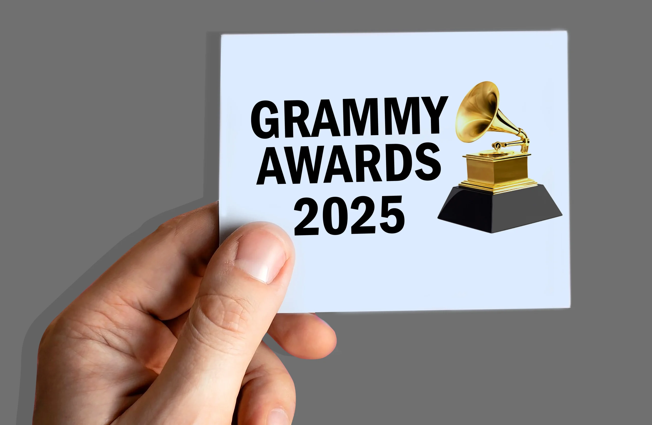 A hand holding a Grammys 2025 sign