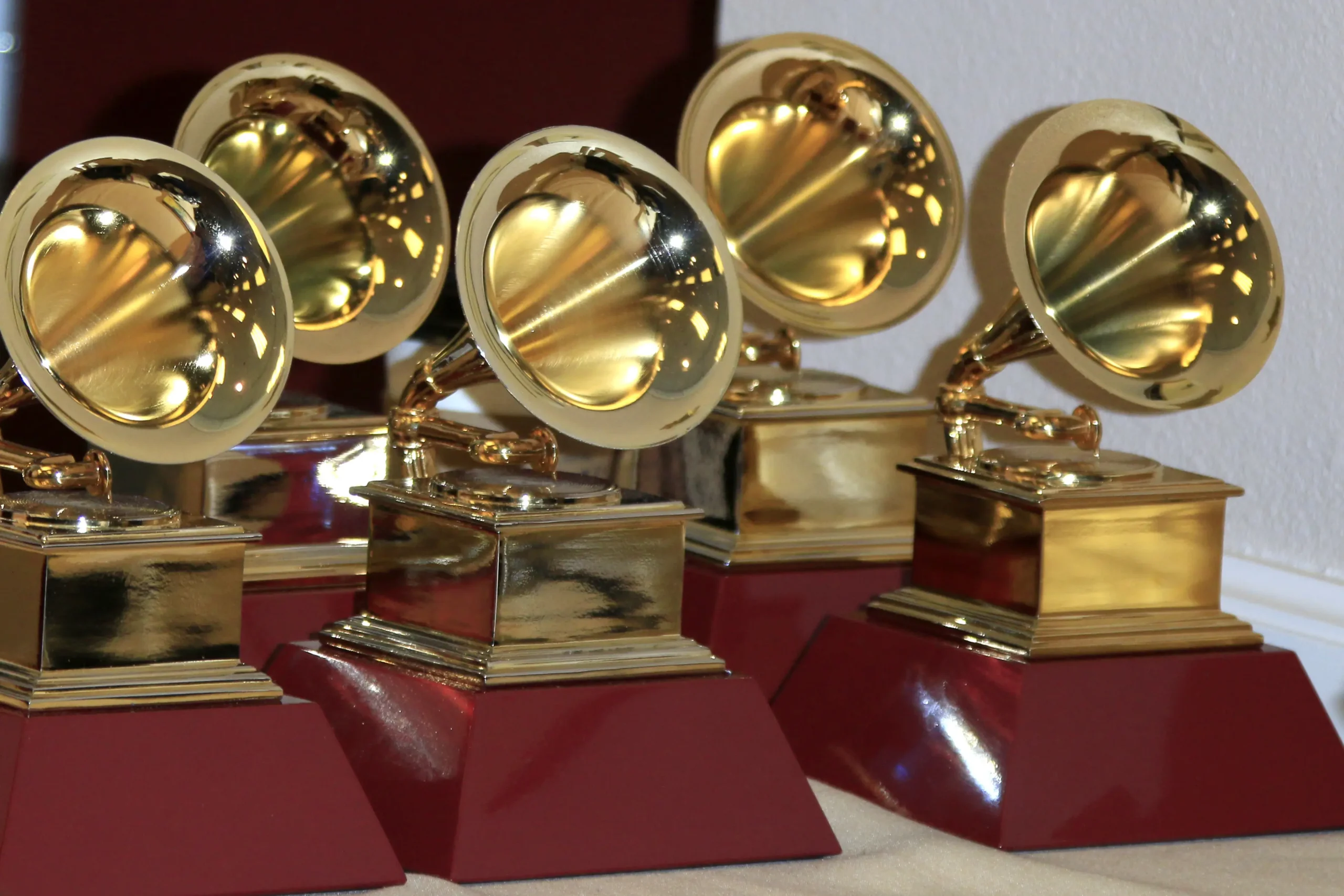 Photo of six Grammy awards