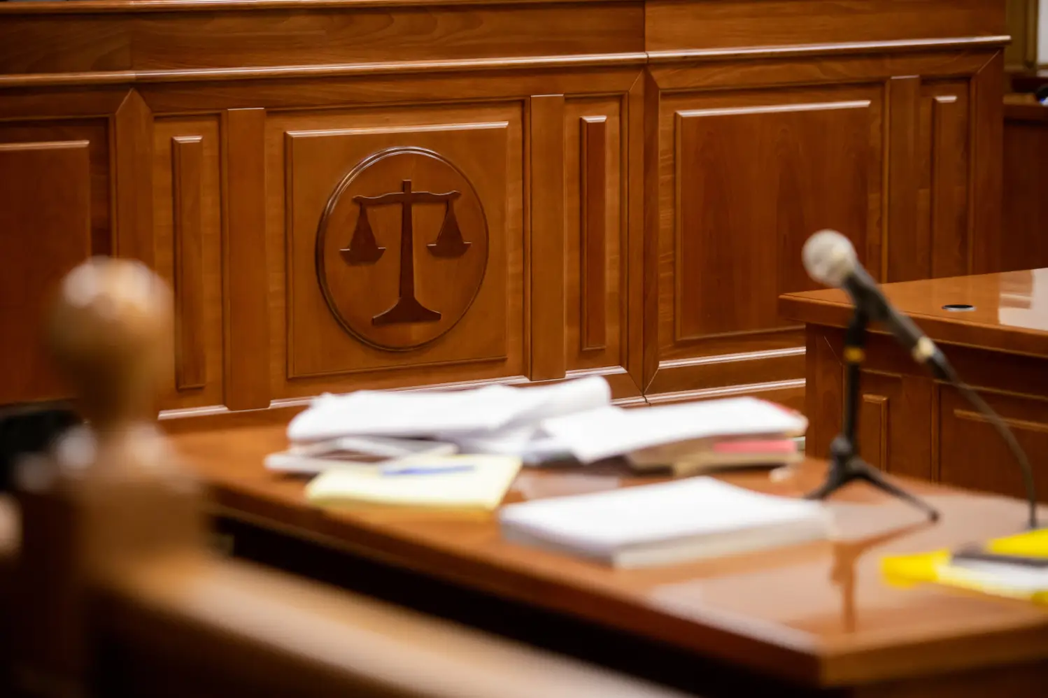Stock image of court room preparing for oral arguments