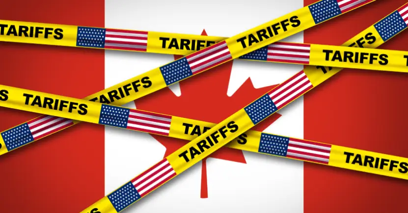 Tariff tape over a Canadian flag
